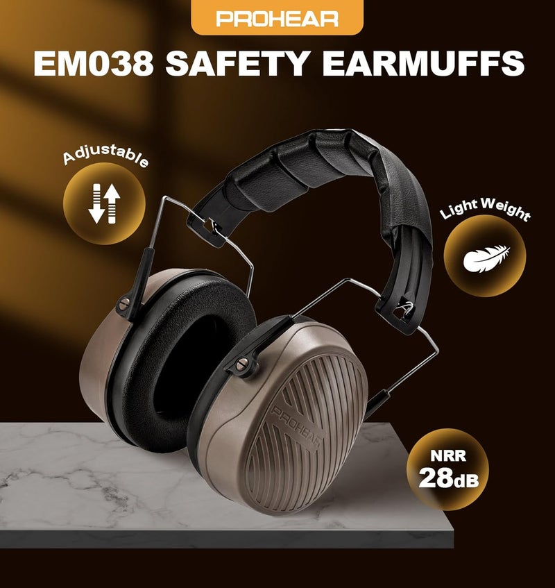 PROHEAR 038 Ear Protection Safety Earmuffs for Mowing, 28dB Noise Reduction Passive Hearing Protector, Compact Foldable Headset for Shooting Construction Power Tools, Brown - Image 2